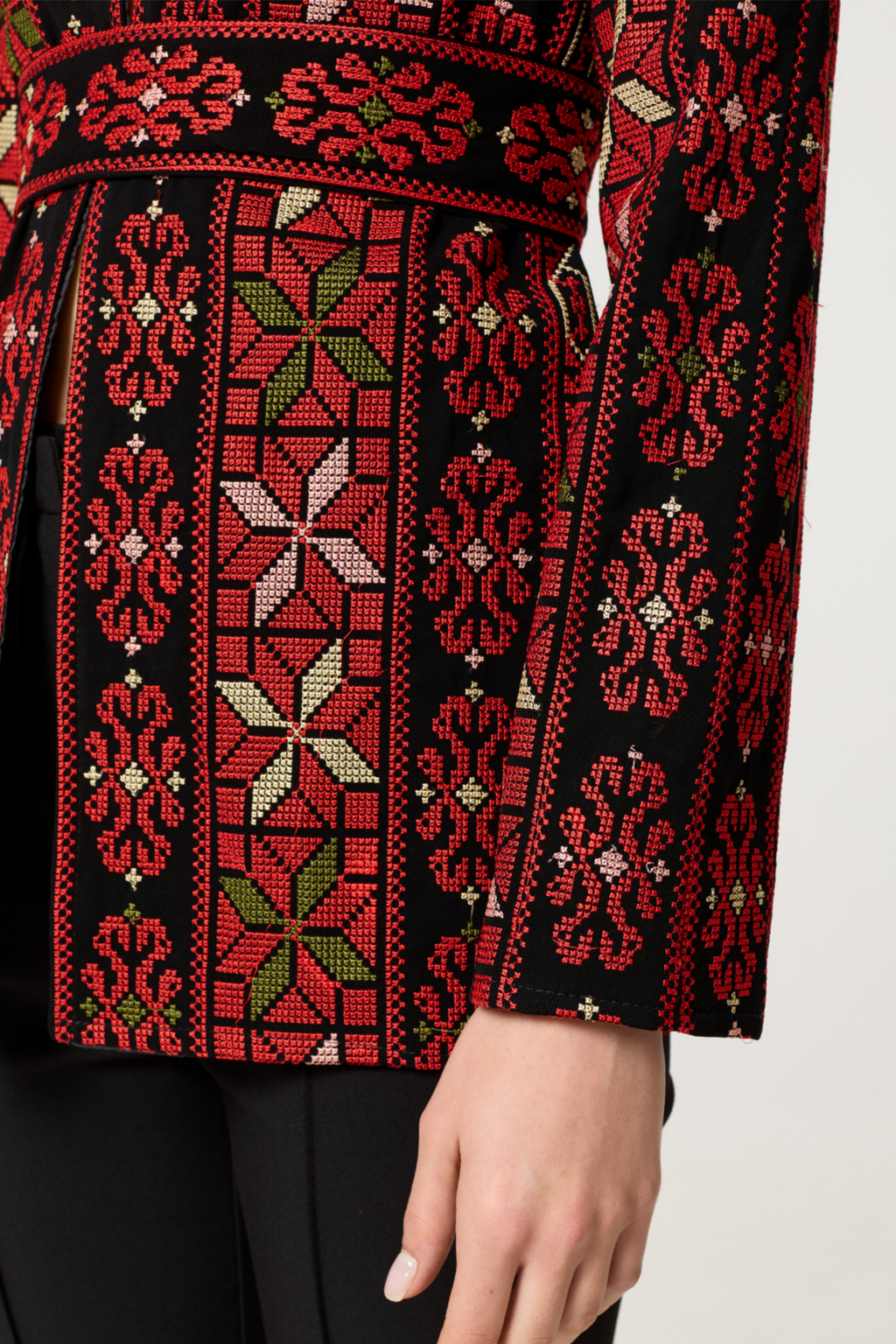 Red & Black Tatreez Jacket with Green Detail