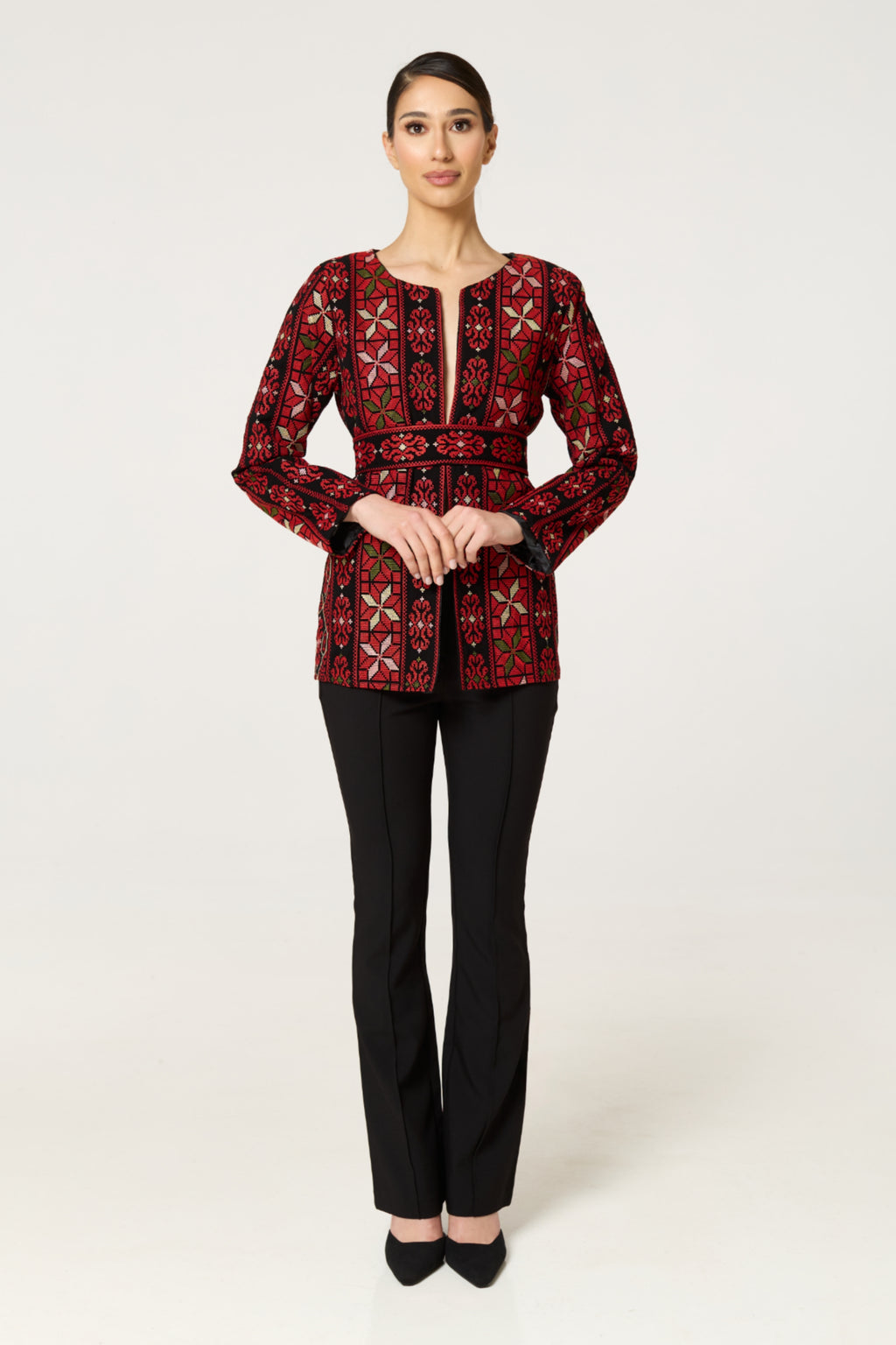 Red & Black Tatreez Jacket with Green Detail