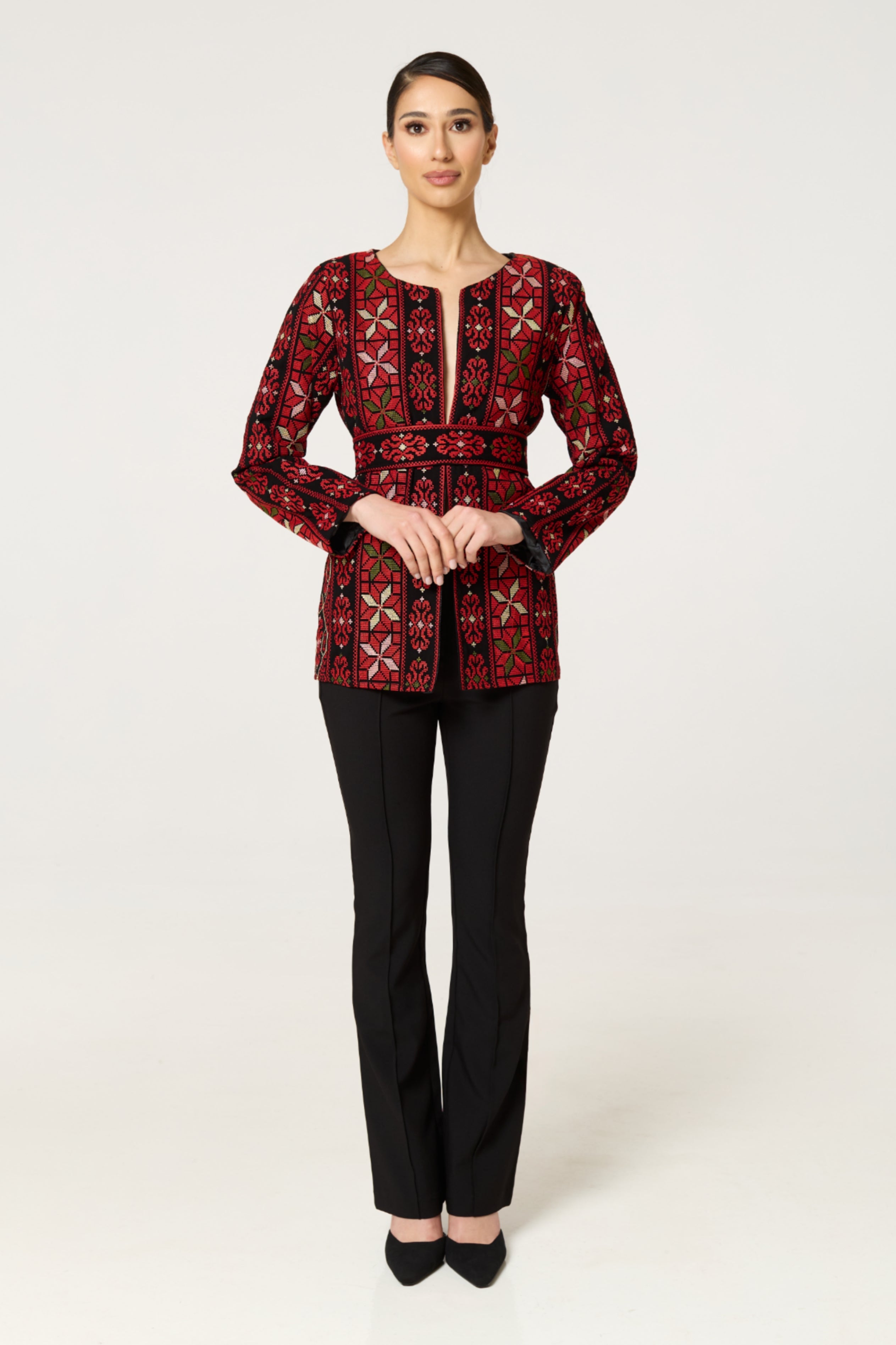 Red & Black Tatreez Jacket with Green Detail