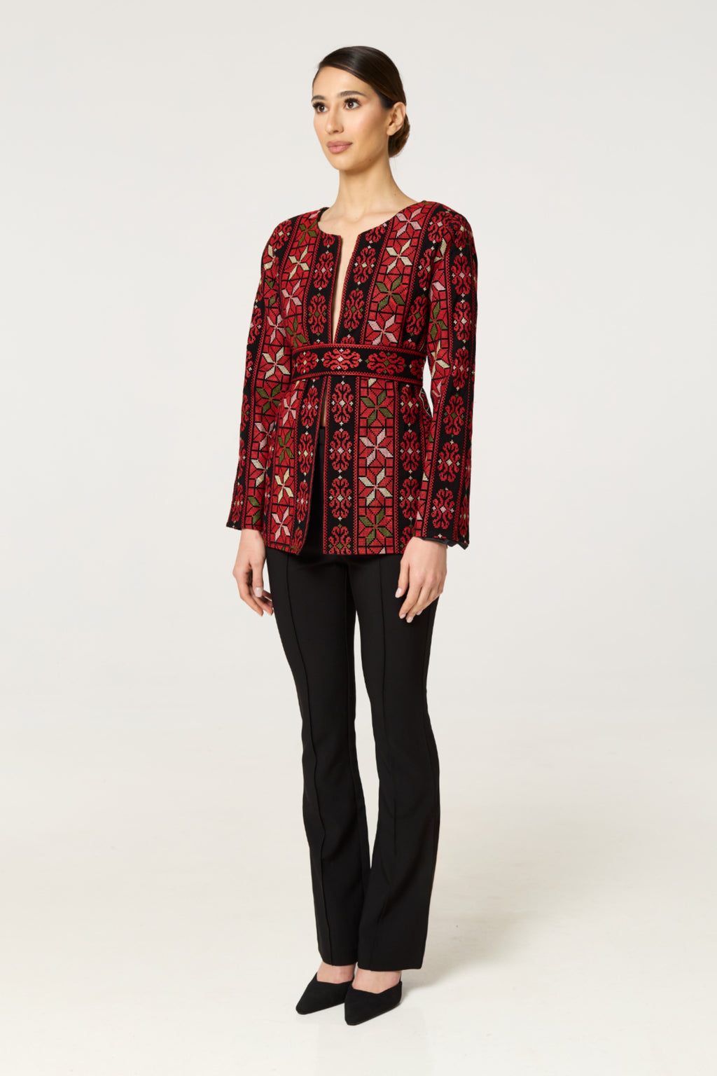 Red & Black Tatreez Jacket with Green Detail