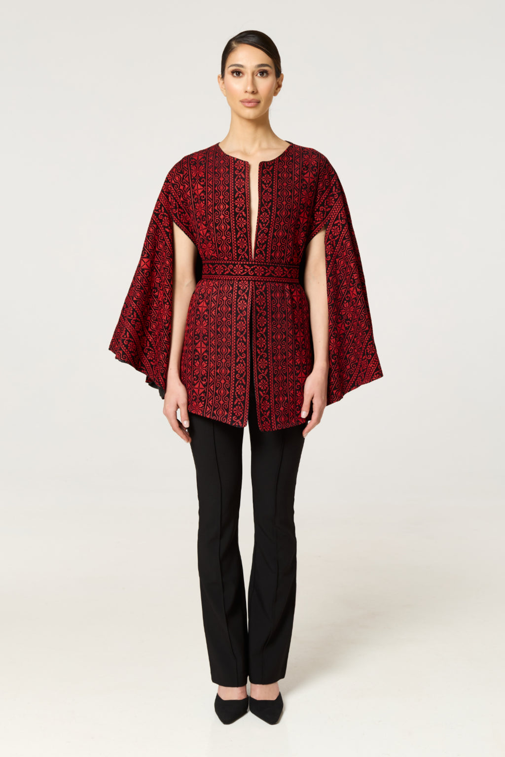 Red & Black Tatreez Cape – Light Edition