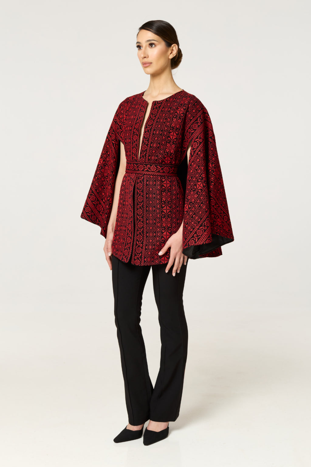 Red & Black Tatreez Cape – Light Edition