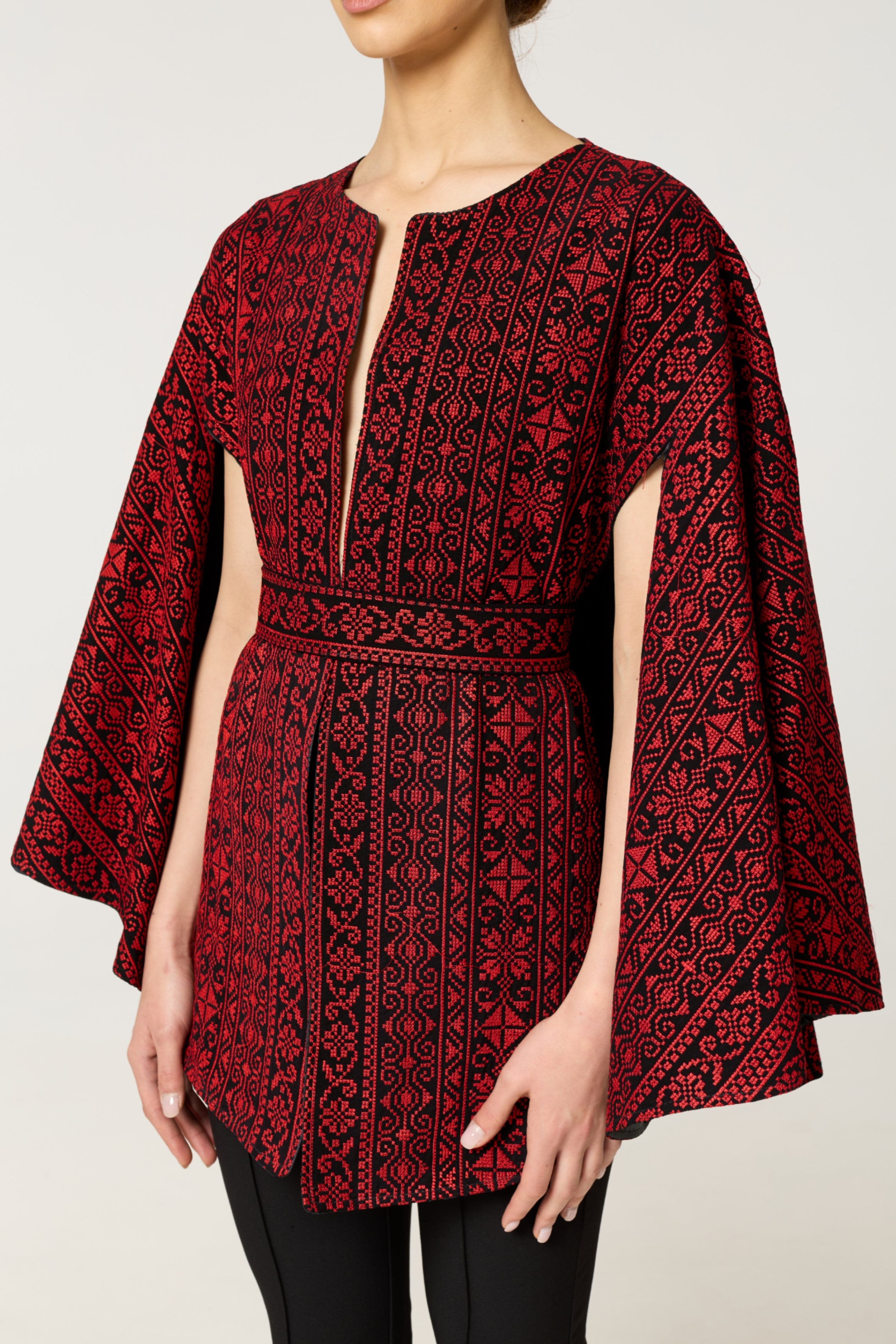 Red & Black Tatreez Cape – Light Edition