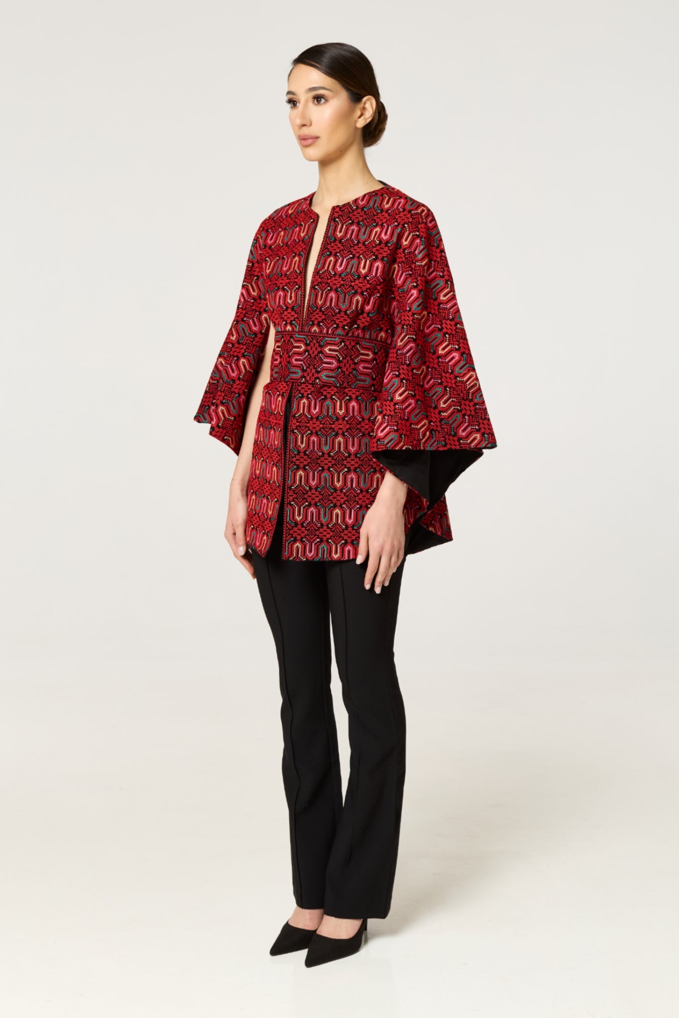 Red Multi Tatreez Cape