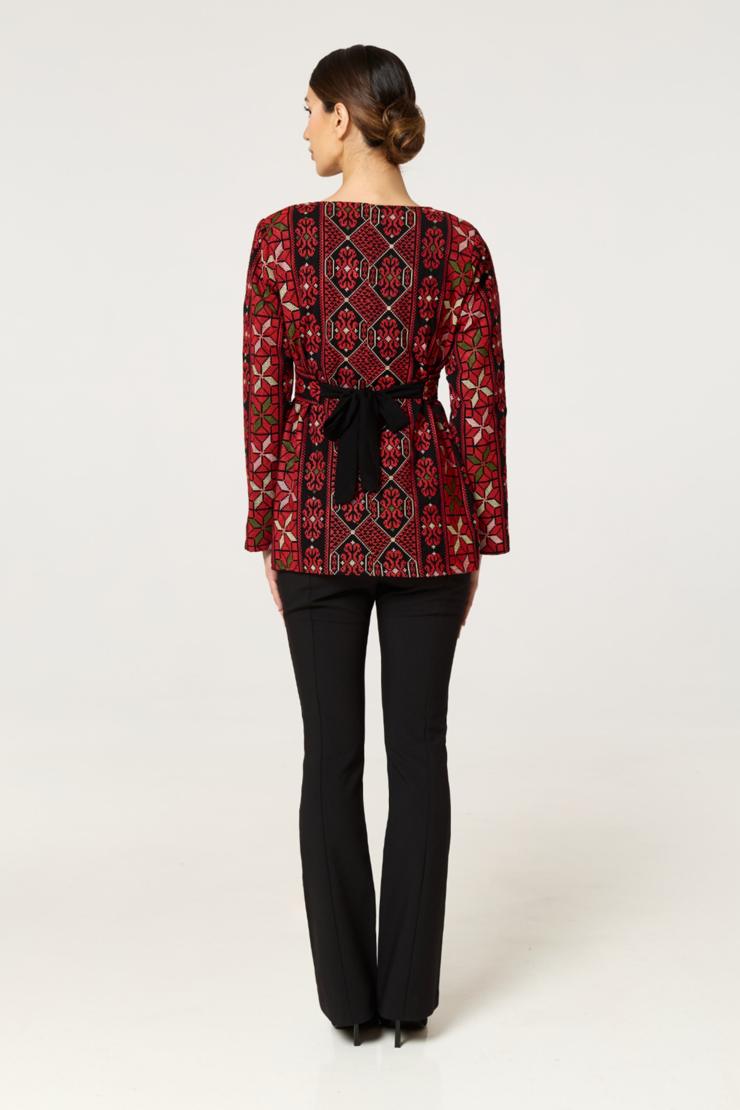 Red & Black Tatreez Jacket with Green Detail